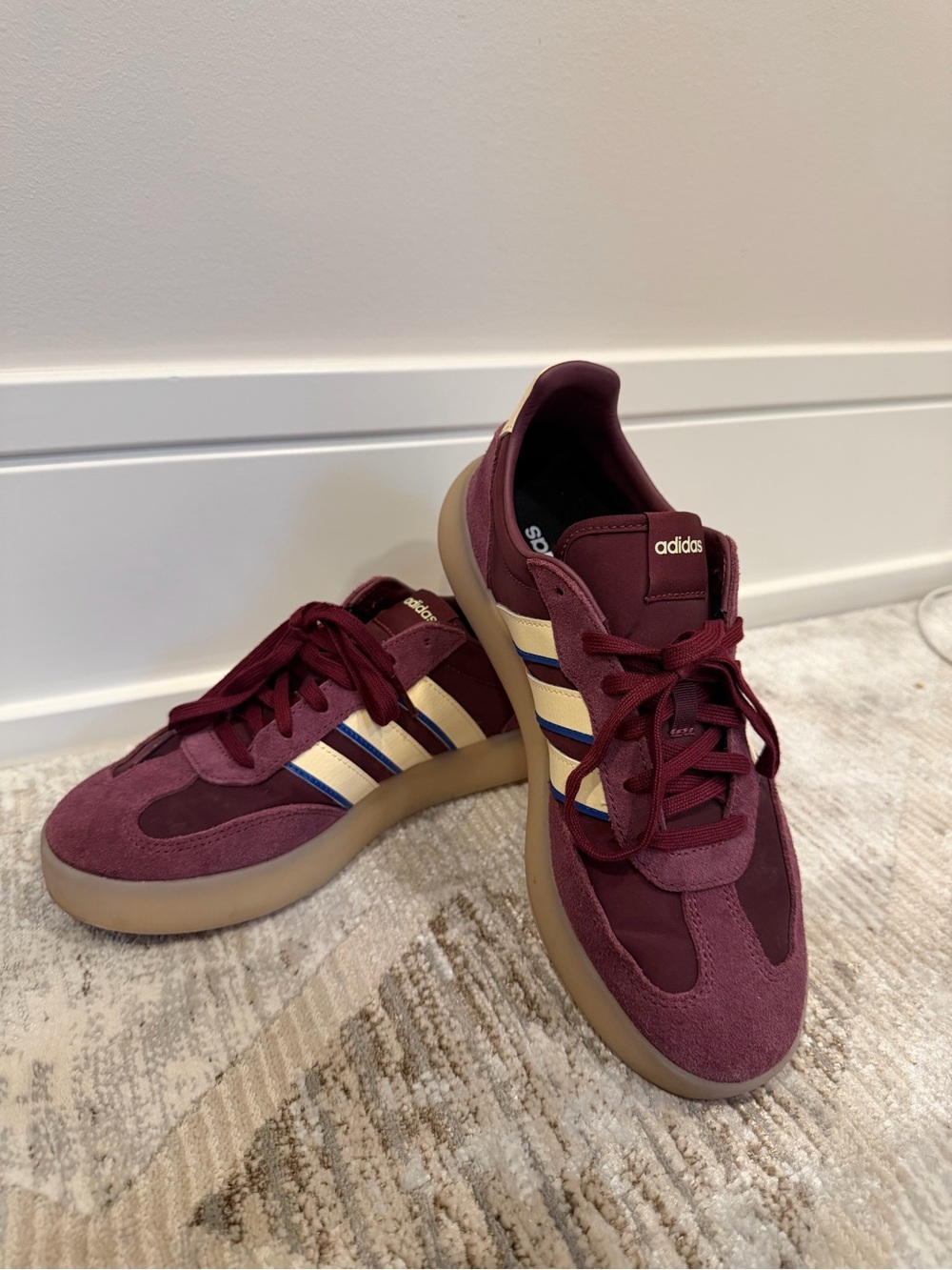 adidas Men’s Burgundy Low-Top Sneakers with Cream & Blue Stripes